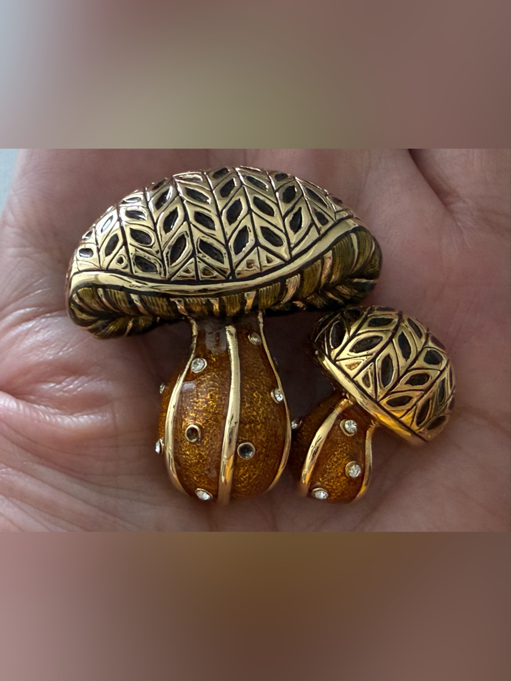 St. John Enamel Vintage Gold-Tone Leaf Mushroom Brooch with Amber Accents